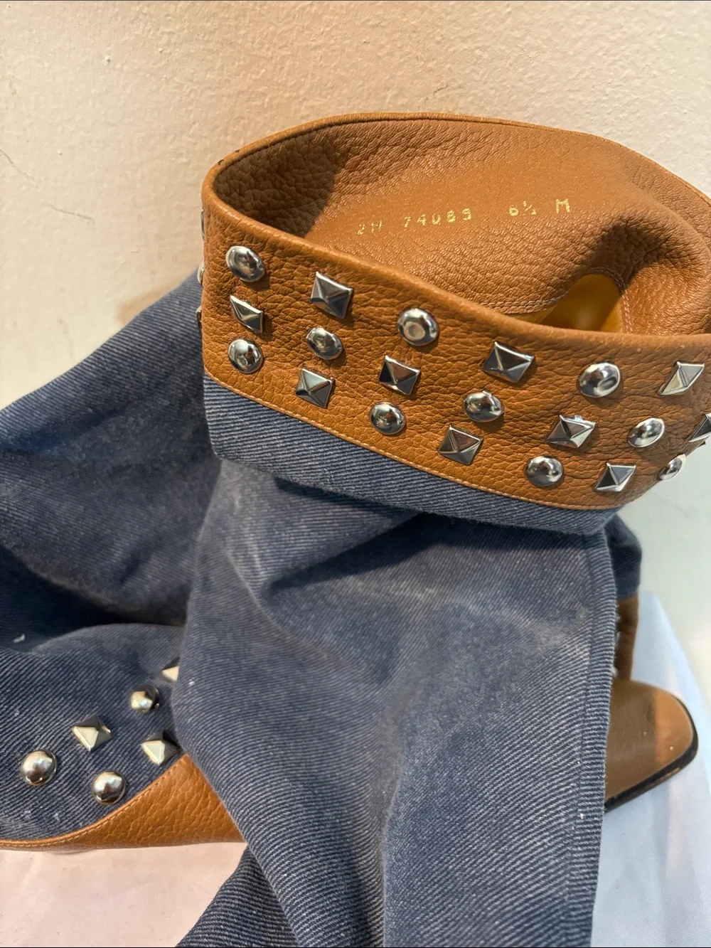 Vintage Stuart Weitzman Blue Denim and Tan Studded Boots